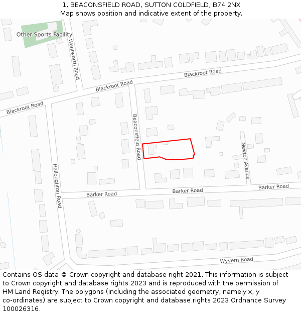 1, BEACONSFIELD ROAD, SUTTON COLDFIELD, B74 2NX: Location map and indicative extent of plot