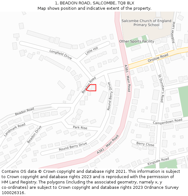 1, BEADON ROAD, SALCOMBE, TQ8 8LX: Location map and indicative extent of plot