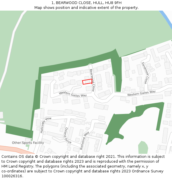 1, BEARWOOD CLOSE, HULL, HU8 9FH: Location map and indicative extent of plot