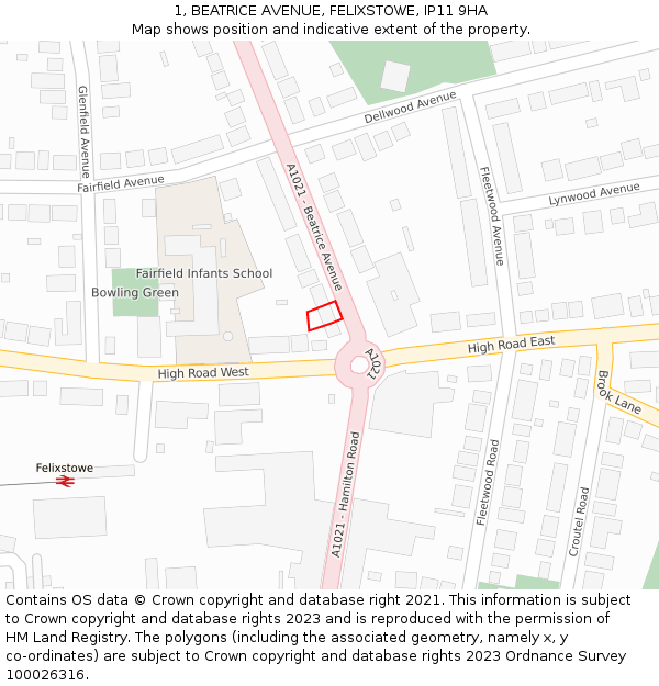 1, BEATRICE AVENUE, FELIXSTOWE, IP11 9HA: Location map and indicative extent of plot