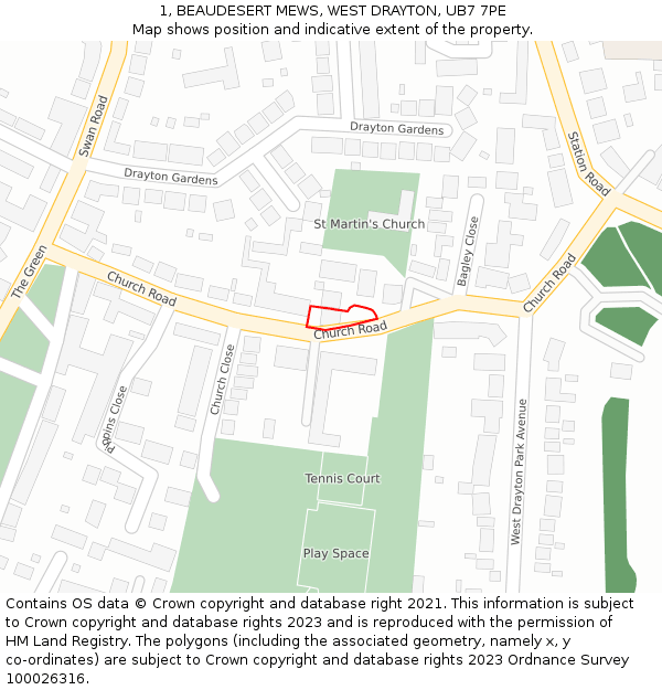 1, BEAUDESERT MEWS, WEST DRAYTON, UB7 7PE: Location map and indicative extent of plot