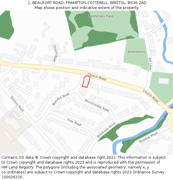 1, BEAUFORT ROAD, FRAMPTON COTTERELL, BRISTOL, BS36 2AD: Location map and indicative extent of plot