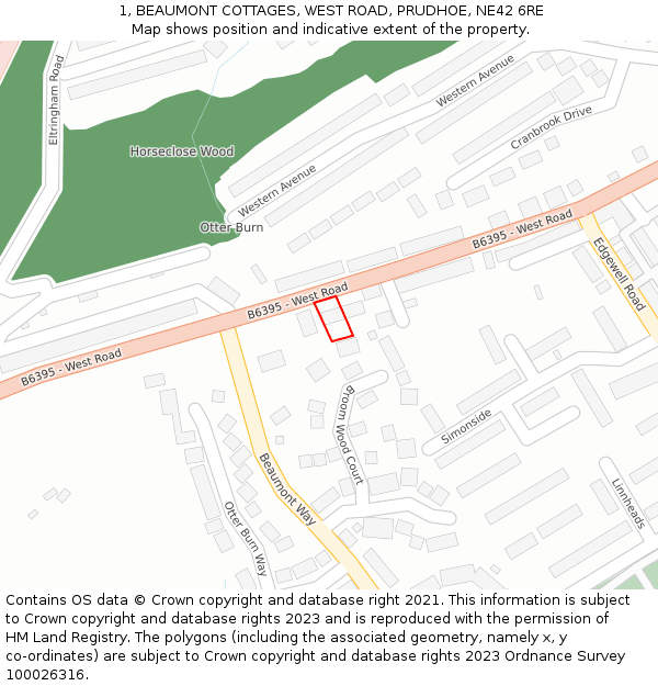 1, BEAUMONT COTTAGES, WEST ROAD, PRUDHOE, NE42 6RE: Location map and indicative extent of plot