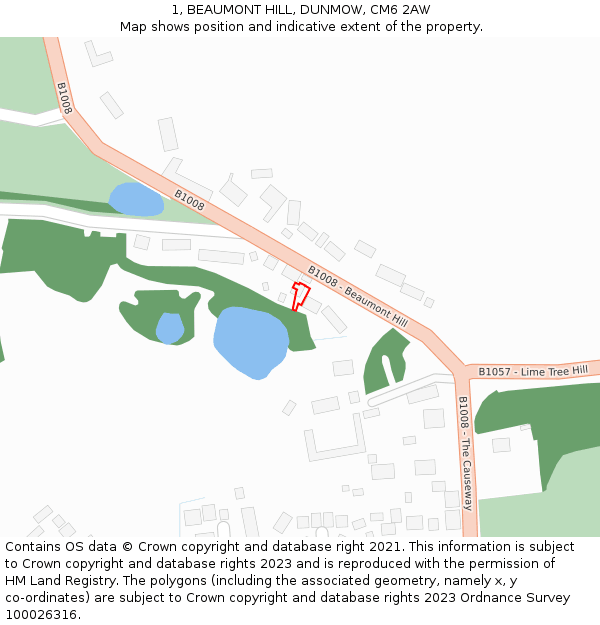1, BEAUMONT HILL, DUNMOW, CM6 2AW: Location map and indicative extent of plot
