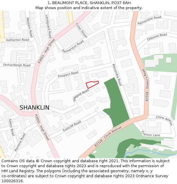 1, BEAUMONT PLACE, SHANKLIN, PO37 6AH: Location map and indicative extent of plot