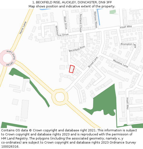 1, BECKFIELD RISE, AUCKLEY, DONCASTER, DN9 3FP: Location map and indicative extent of plot