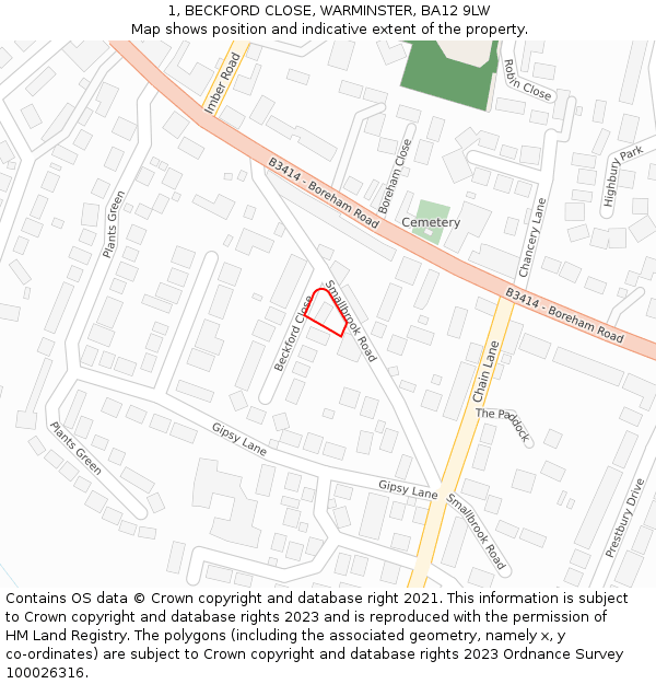 1, BECKFORD CLOSE, WARMINSTER, BA12 9LW: Location map and indicative extent of plot