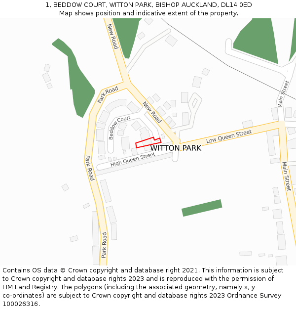 1, BEDDOW COURT, WITTON PARK, BISHOP AUCKLAND, DL14 0ED: Location map and indicative extent of plot