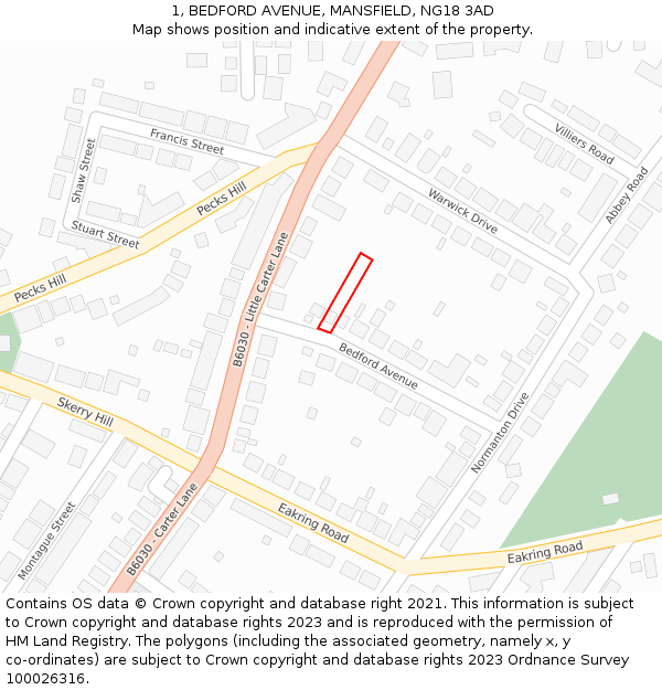 1, BEDFORD AVENUE, MANSFIELD, NG18 3AD: Location map and indicative extent of plot