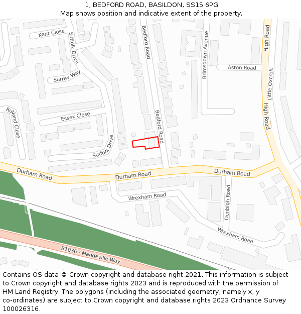 1, BEDFORD ROAD, BASILDON, SS15 6PG: Location map and indicative extent of plot