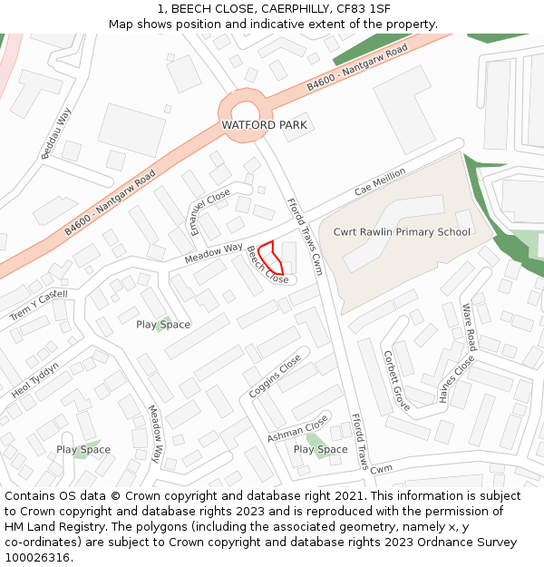 1, BEECH CLOSE, CAERPHILLY, CF83 1SF: Location map and indicative extent of plot