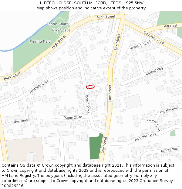 1, BEECH CLOSE, SOUTH MILFORD, LEEDS, LS25 5NW: Location map and indicative extent of plot