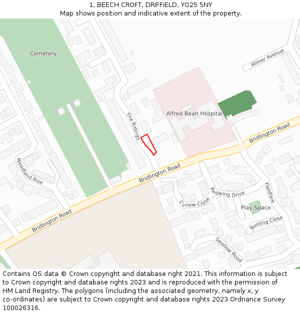 1, BEECH CROFT, DRIFFIELD, YO25 5NY: Location map and indicative extent of plot