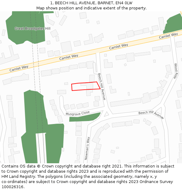 1, BEECH HILL AVENUE, BARNET, EN4 0LW: Location map and indicative extent of plot
