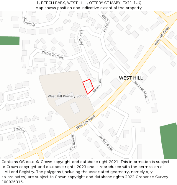 1, BEECH PARK, WEST HILL, OTTERY ST MARY, EX11 1UQ: Location map and indicative extent of plot