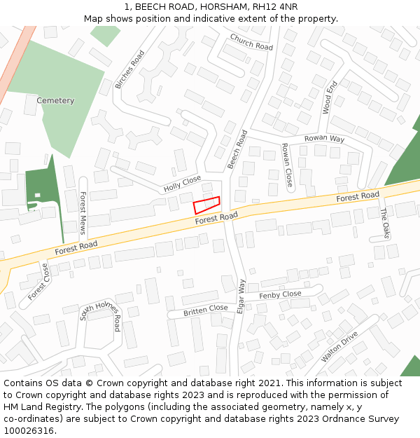 1, BEECH ROAD, HORSHAM, RH12 4NR: Location map and indicative extent of plot