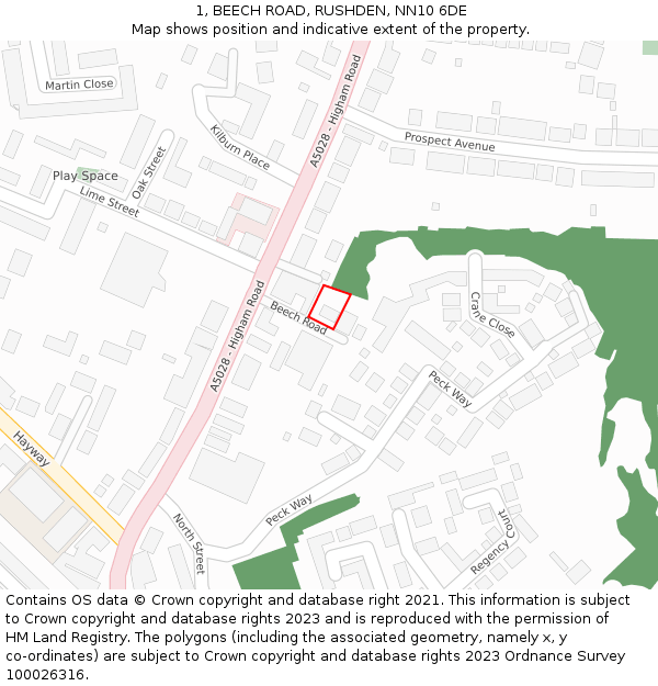1, BEECH ROAD, RUSHDEN, NN10 6DE: Location map and indicative extent of plot