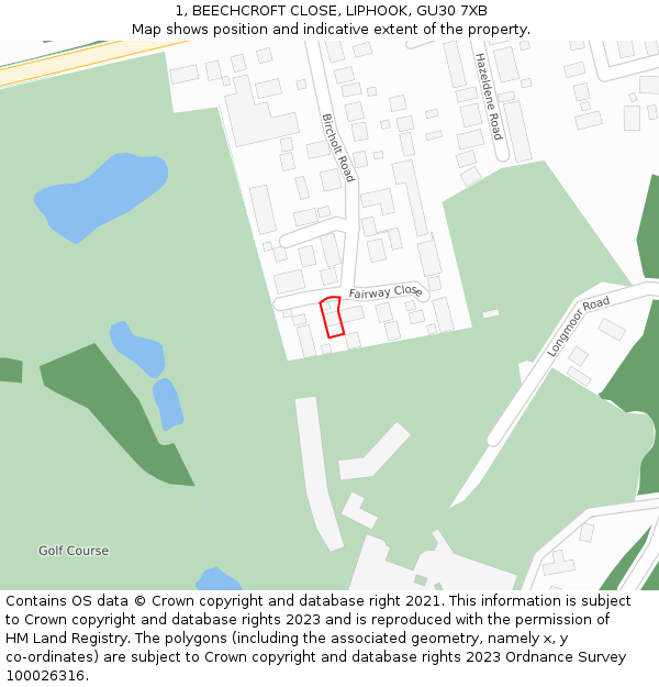 1, BEECHCROFT CLOSE, LIPHOOK, GU30 7XB: Location map and indicative extent of plot