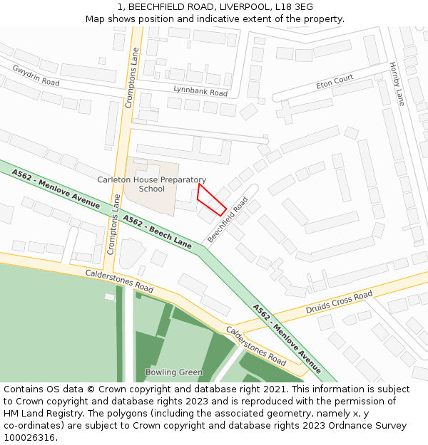 1, BEECHFIELD ROAD, LIVERPOOL, L18 3EG: Location map and indicative extent of plot