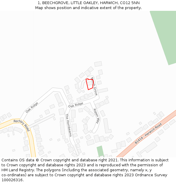 1, BEECHGROVE, LITTLE OAKLEY, HARWICH, CO12 5NN: Location map and indicative extent of plot