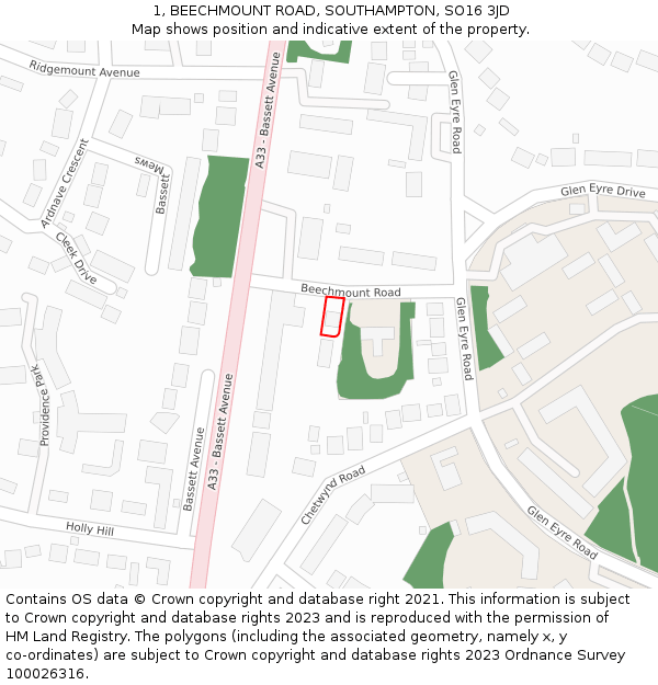 1, BEECHMOUNT ROAD, SOUTHAMPTON, SO16 3JD: Location map and indicative extent of plot