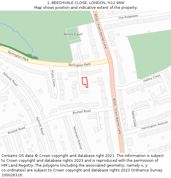 1, BEECHVALE CLOSE, LONDON, N12 9AW: Location map and indicative extent of plot