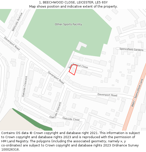 1, BEECHWOOD CLOSE, LEICESTER, LE5 6SY: Location map and indicative extent of plot