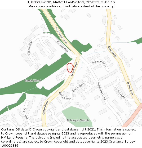 1, BEECHWOOD, MARKET LAVINGTON, DEVIZES, SN10 4DJ: Location map and indicative extent of plot