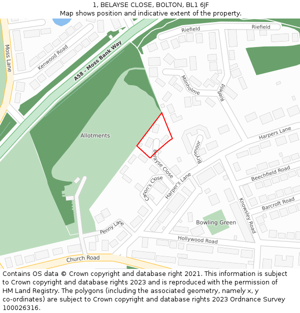 1, BELAYSE CLOSE, BOLTON, BL1 6JF: Location map and indicative extent of plot