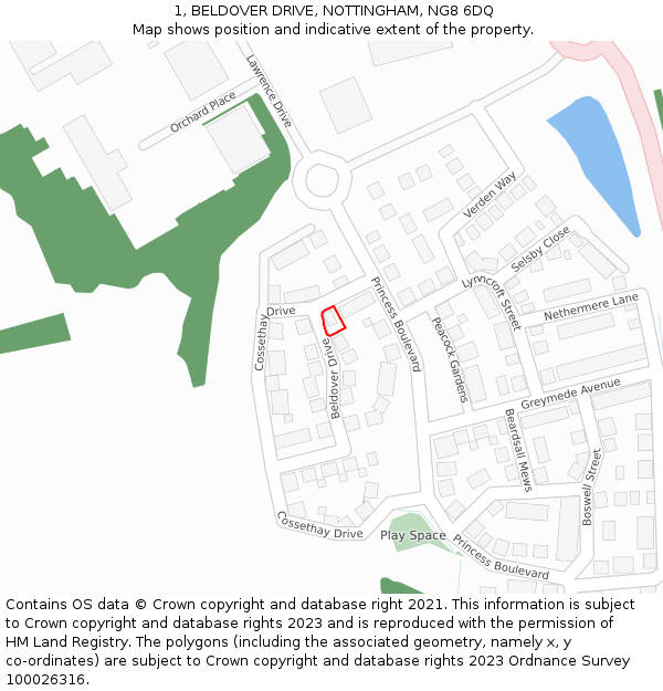 1, BELDOVER DRIVE, NOTTINGHAM, NG8 6DQ: Location map and indicative extent of plot