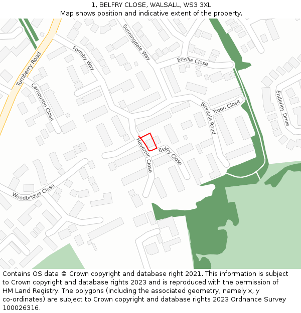 1, BELFRY CLOSE, WALSALL, WS3 3XL: Location map and indicative extent of plot