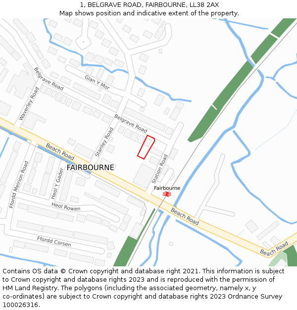 1, BELGRAVE ROAD, FAIRBOURNE, LL38 2AX: Location map and indicative extent of plot