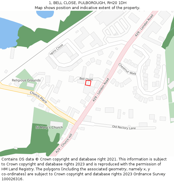 1, BELL CLOSE, PULBOROUGH, RH20 1DH: Location map and indicative extent of plot