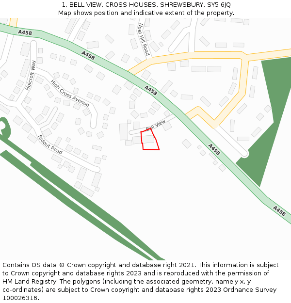 1, BELL VIEW, CROSS HOUSES, SHREWSBURY, SY5 6JQ: Location map and indicative extent of plot