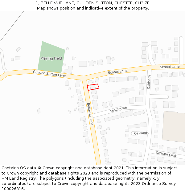 1, BELLE VUE LANE, GUILDEN SUTTON, CHESTER, CH3 7EJ: Location map and indicative extent of plot