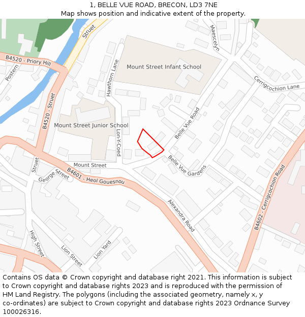 1, BELLE VUE ROAD, BRECON, LD3 7NE: Location map and indicative extent of plot
