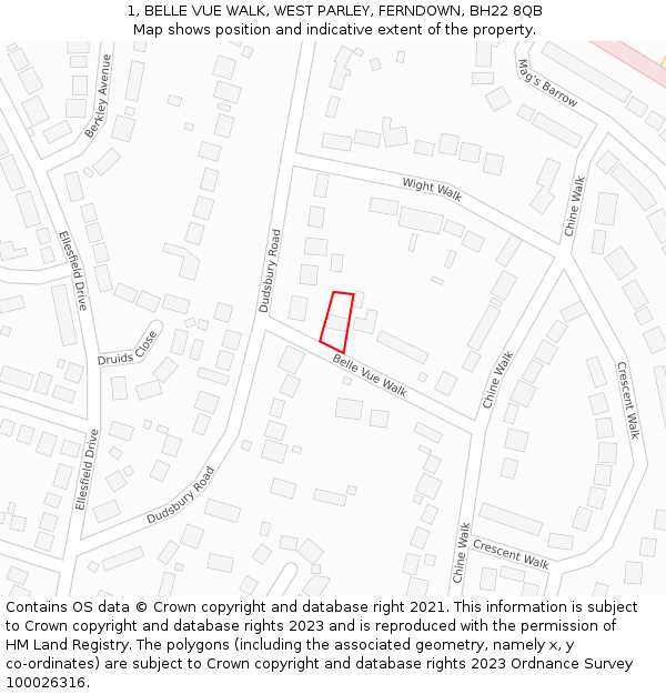 1, BELLE VUE WALK, WEST PARLEY, FERNDOWN, BH22 8QB: Location map and indicative extent of plot