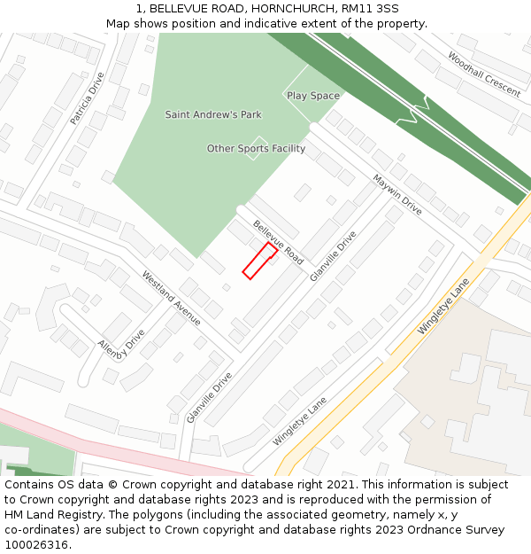 1, BELLEVUE ROAD, HORNCHURCH, RM11 3SS: Location map and indicative extent of plot