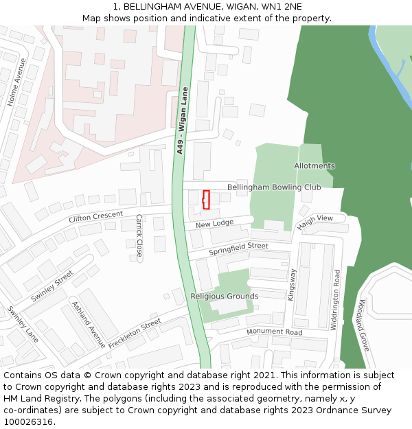 1, BELLINGHAM AVENUE, WIGAN, WN1 2NE: Location map and indicative extent of plot