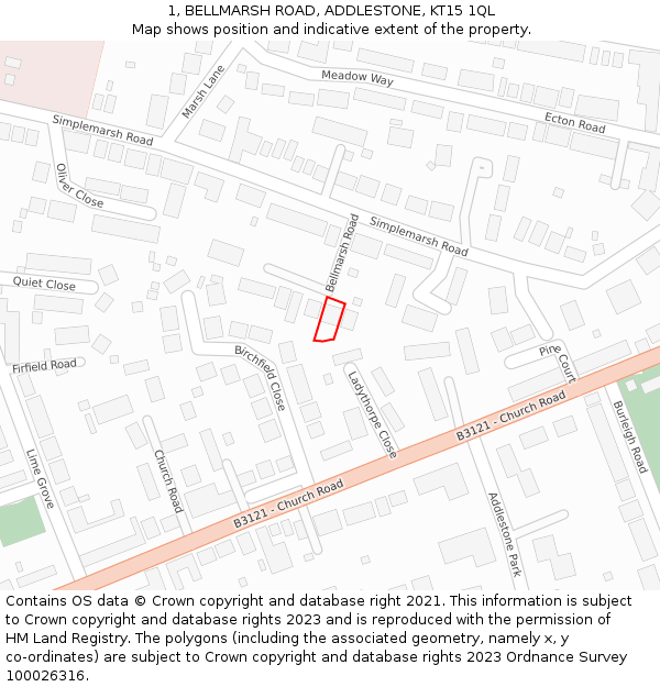 1, BELLMARSH ROAD, ADDLESTONE, KT15 1QL: Location map and indicative extent of plot