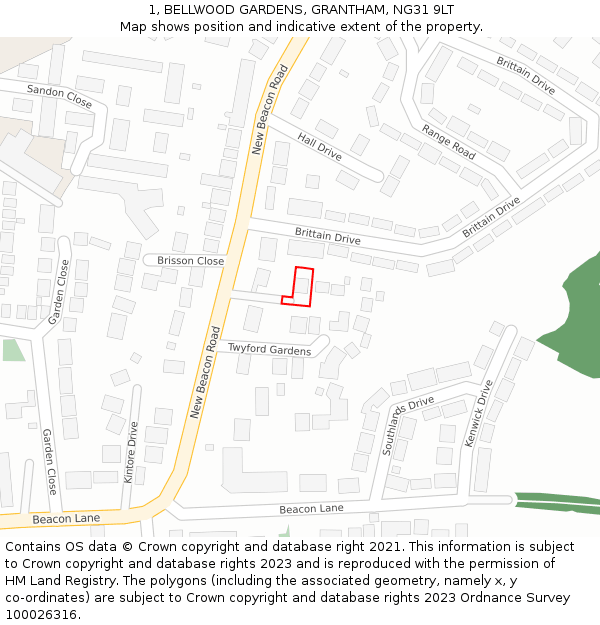 1, BELLWOOD GARDENS, GRANTHAM, NG31 9LT: Location map and indicative extent of plot