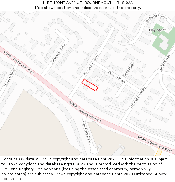 1, BELMONT AVENUE, BOURNEMOUTH, BH8 0AN: Location map and indicative extent of plot