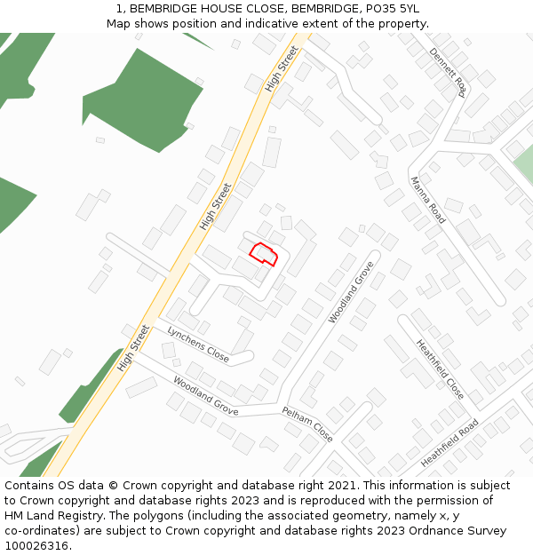 1, BEMBRIDGE HOUSE CLOSE, BEMBRIDGE, PO35 5YL: Location map and indicative extent of plot