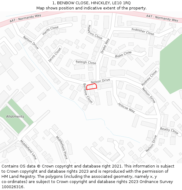 1, BENBOW CLOSE, HINCKLEY, LE10 1RQ: Location map and indicative extent of plot