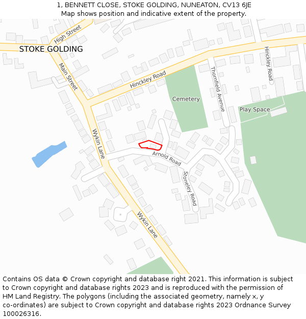 1, BENNETT CLOSE, STOKE GOLDING, NUNEATON, CV13 6JE: Location map and indicative extent of plot