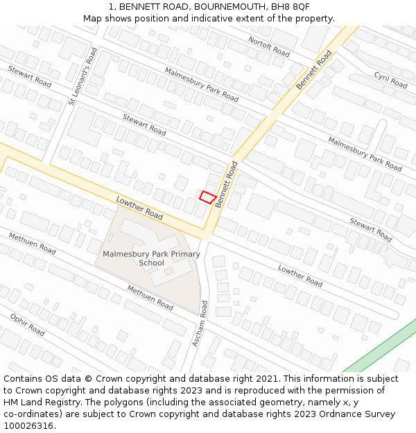 1, BENNETT ROAD, BOURNEMOUTH, BH8 8QF: Location map and indicative extent of plot