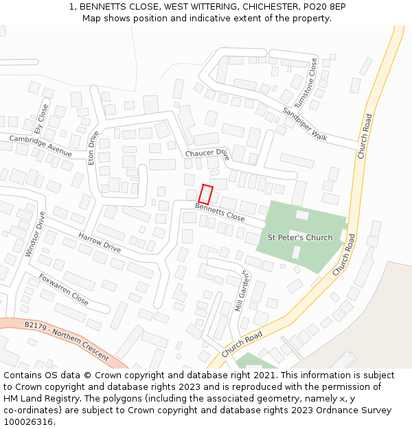 1, BENNETTS CLOSE, WEST WITTERING, CHICHESTER, PO20 8EP: Location map and indicative extent of plot