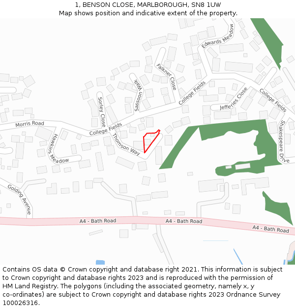 1, BENSON CLOSE, MARLBOROUGH, SN8 1UW: Location map and indicative extent of plot