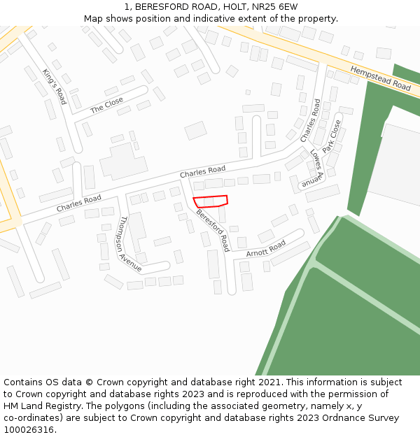 1, BERESFORD ROAD, HOLT, NR25 6EW: Location map and indicative extent of plot