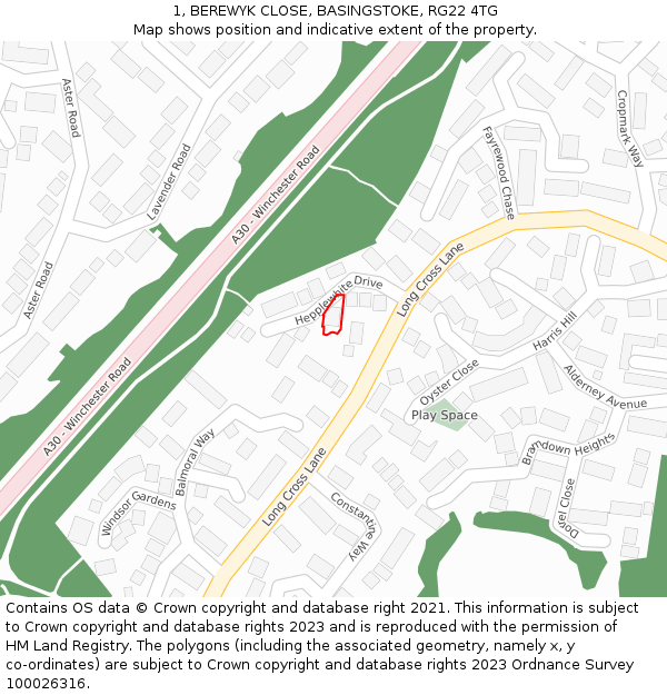 1, BEREWYK CLOSE, BASINGSTOKE, RG22 4TG: Location map and indicative extent of plot